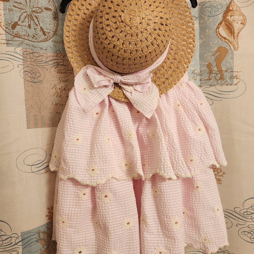 Pink Gingham Dress with Straw Hat